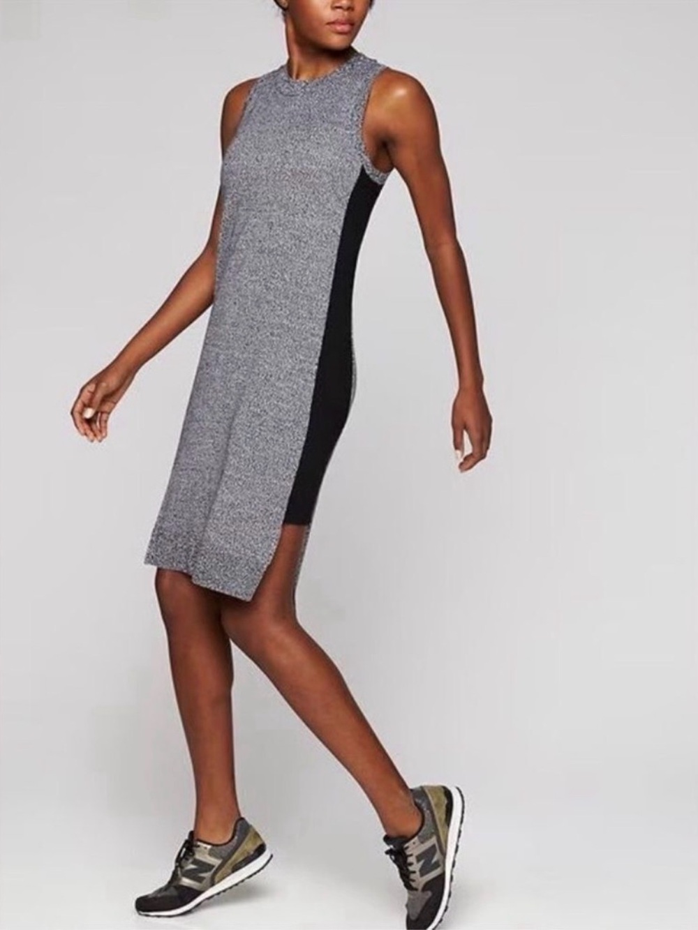 Athleta Dress High Low Fine Merino Wool Stretch Gray Black Sleeveless Size L